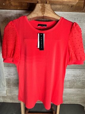 Premise Short Puff Sleeve Mixed Media Knit Top Fireball Red Size Small